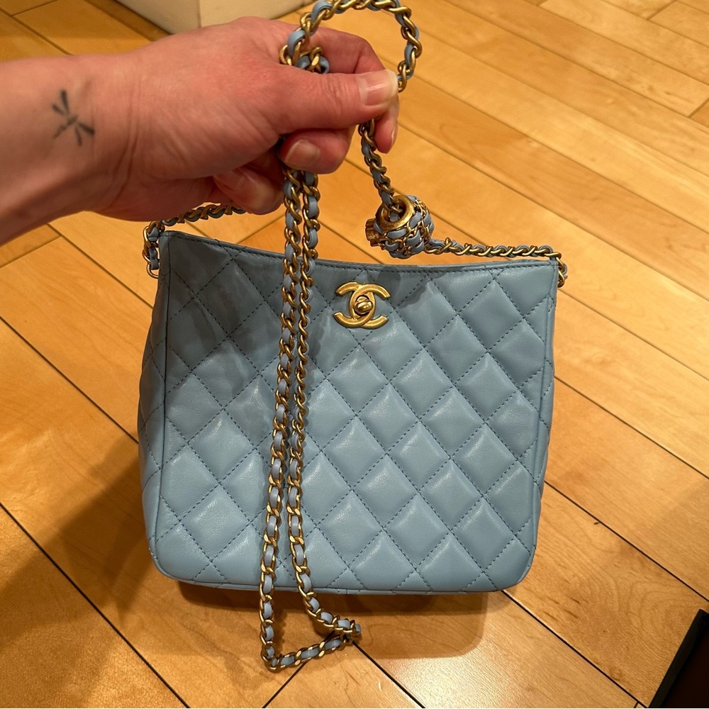Chanel mini messenger, powder blue & adjustable strap